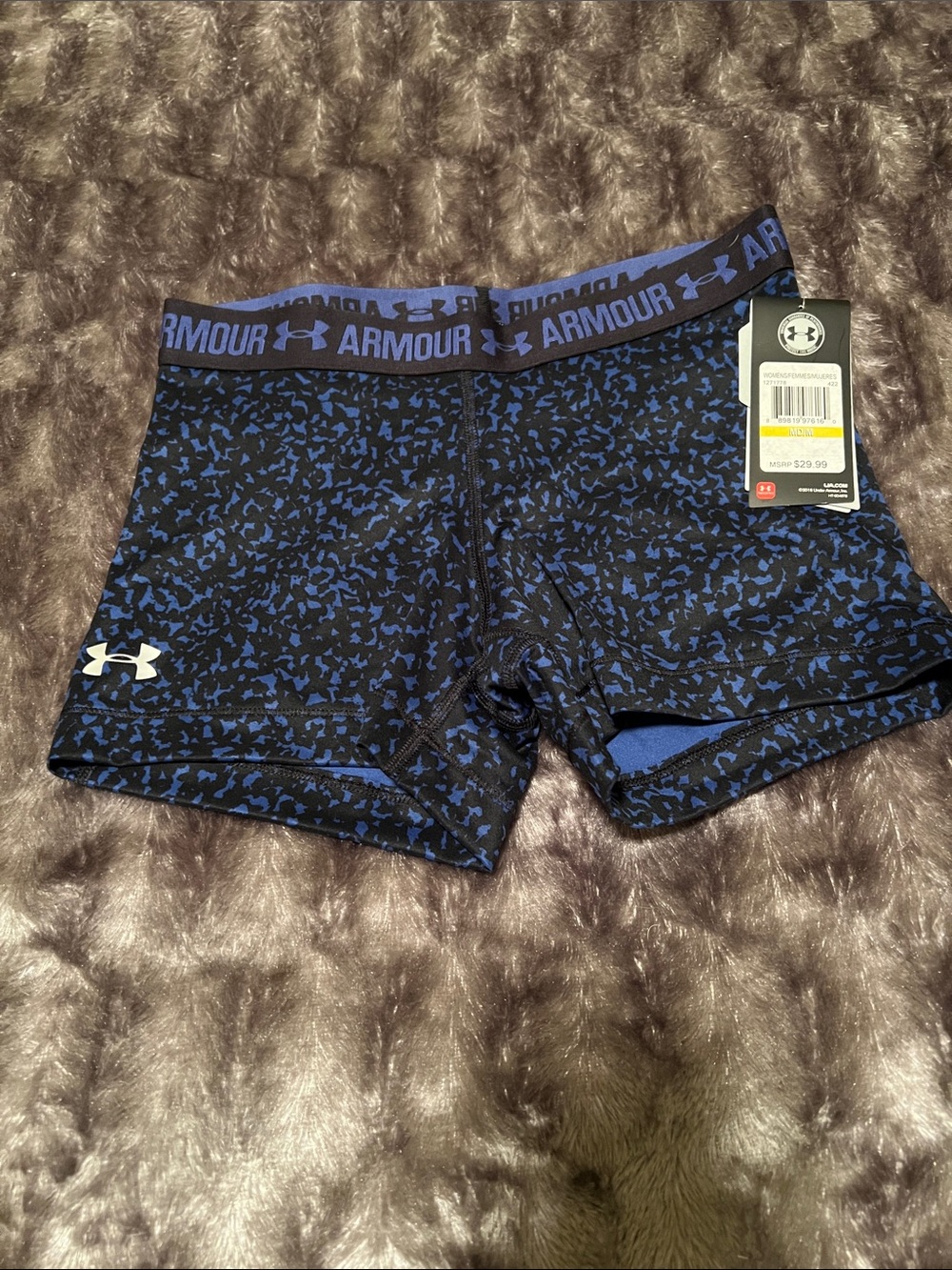 Women’s Under Armour Black and Blue Camo Logo Compression Shorts, M